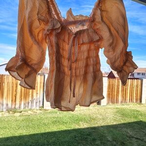 Woman's Suite 2939 Light Orange Gingham Puffy Sleeve Crop Top Size Medium